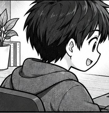 ノートPCに向かって入力しているキャラクター